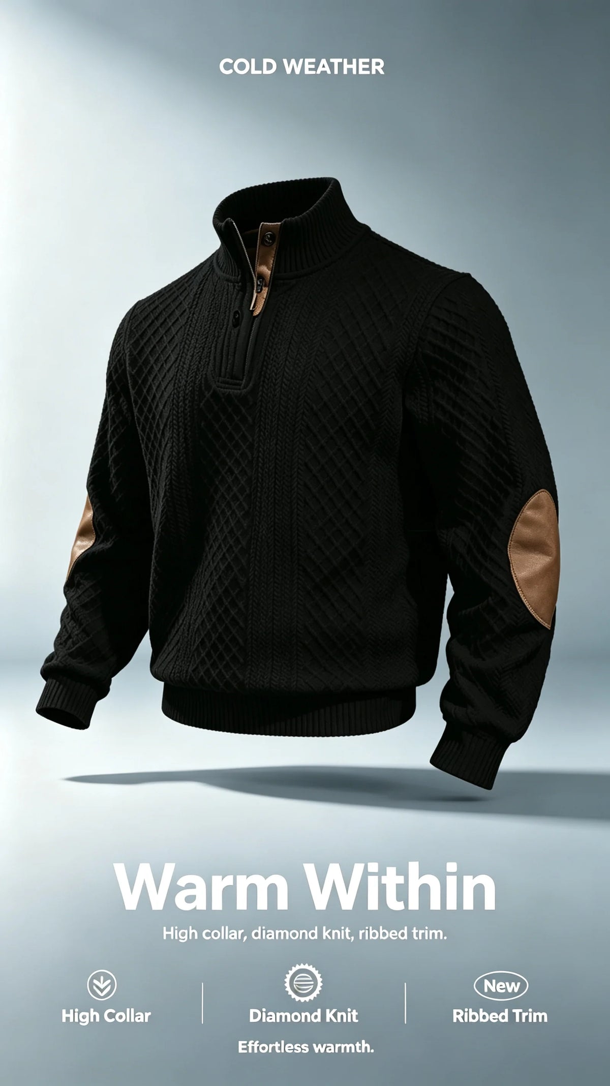 Men Sweater "Stand Collar Button Horse Embroidery Diamond Knit Pullover Elbow Patch"