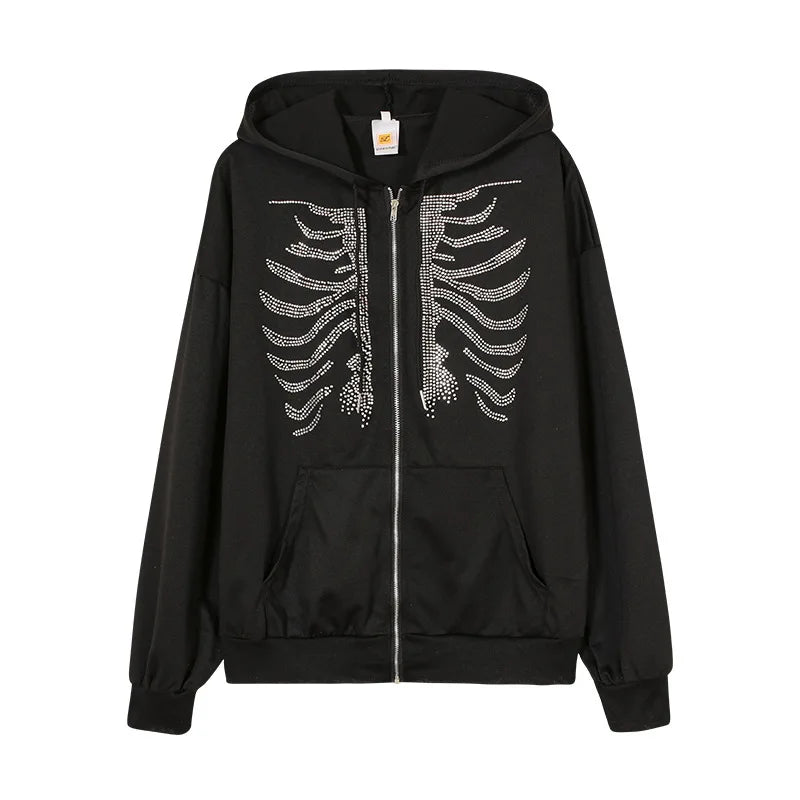 Women Sweaters & Hoodies "Y2K Rhinestone Skeleton Hoodies Women Gothic Black Zip Up"