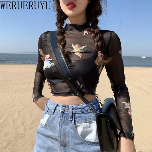 Black Mesh Angel Pattern T Shirt Sexy Crop Top Women Clothes Summer Long Sleeve Graphic Transparent Turtleneck Short Tshirts New