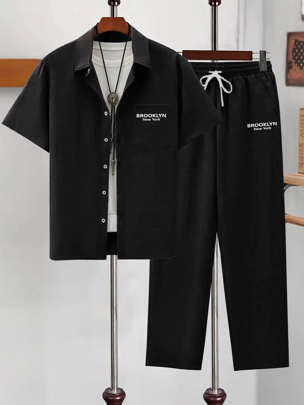 Men Matching Set "Haze Blue Short-Sleeve Collared Shirt Two-Piece Set"