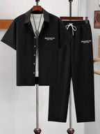 Men Matching Set "Haze Blue Short-Sleeve Collared Shirt Two-Piece Set"