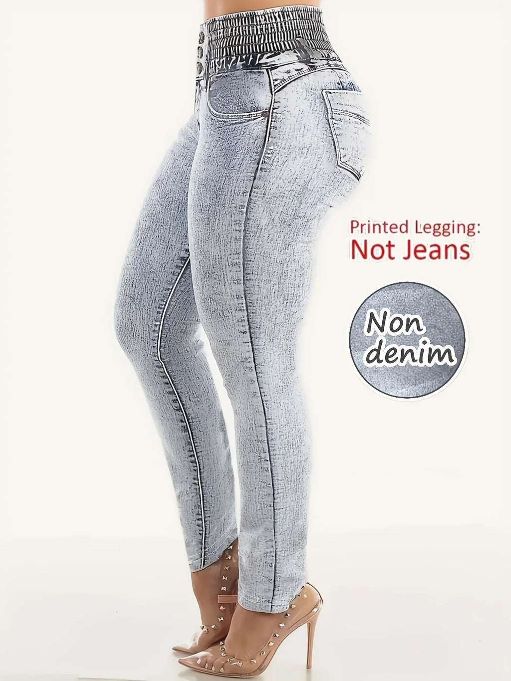 Women Jeans "Imitation Denim Printed Leggings, Non-Denim Fabric Casual Skinny Pants"