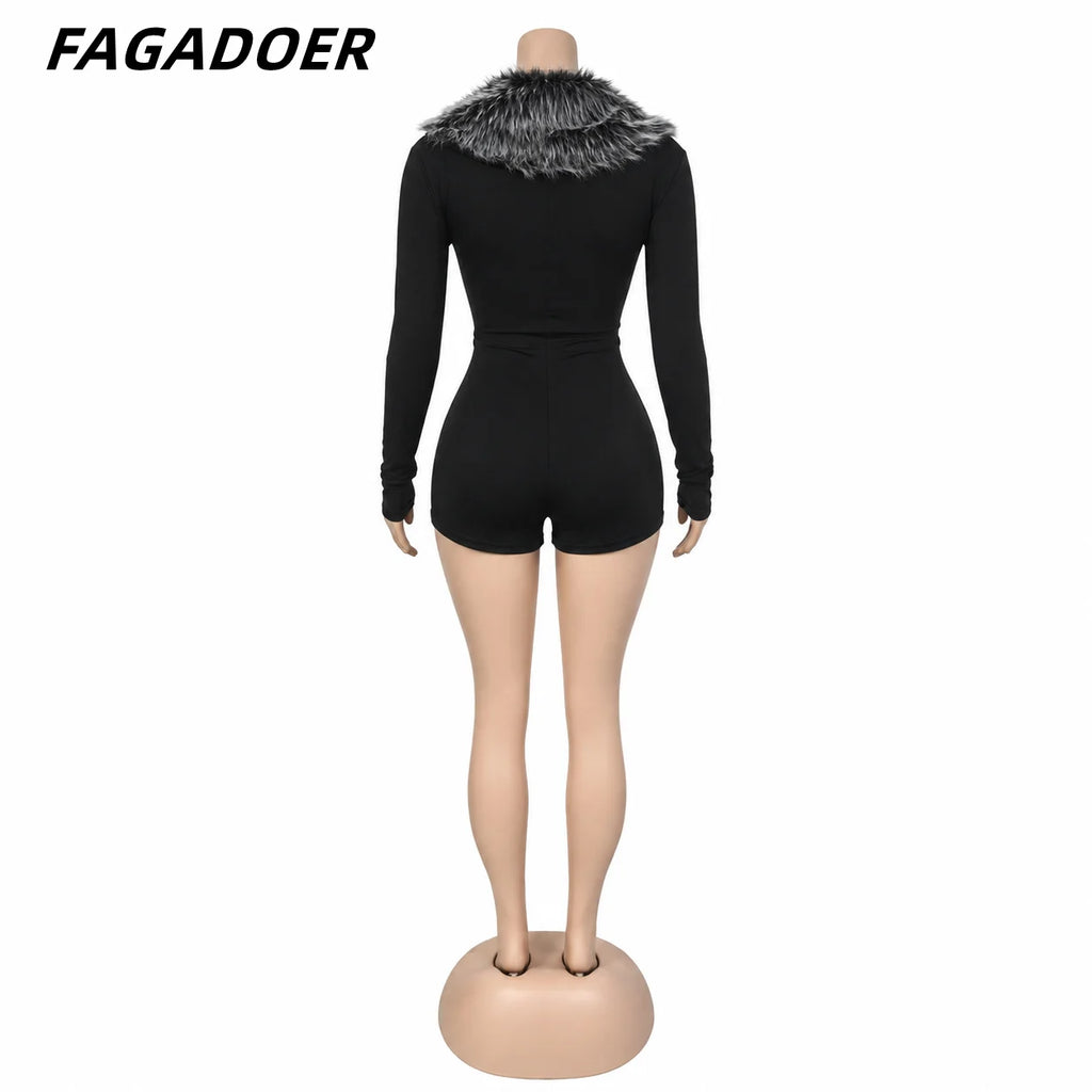 Women Jump Suit "FAGADOER Sexy Fur Patchwork Bodycon Jumpsuits  V-neck Long Sleeves Rompers"