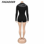 Women Jump Suit "FAGADOER Sexy Fur Patchwork Bodycon Jumpsuits  V-neck Long Sleeves Rompers"