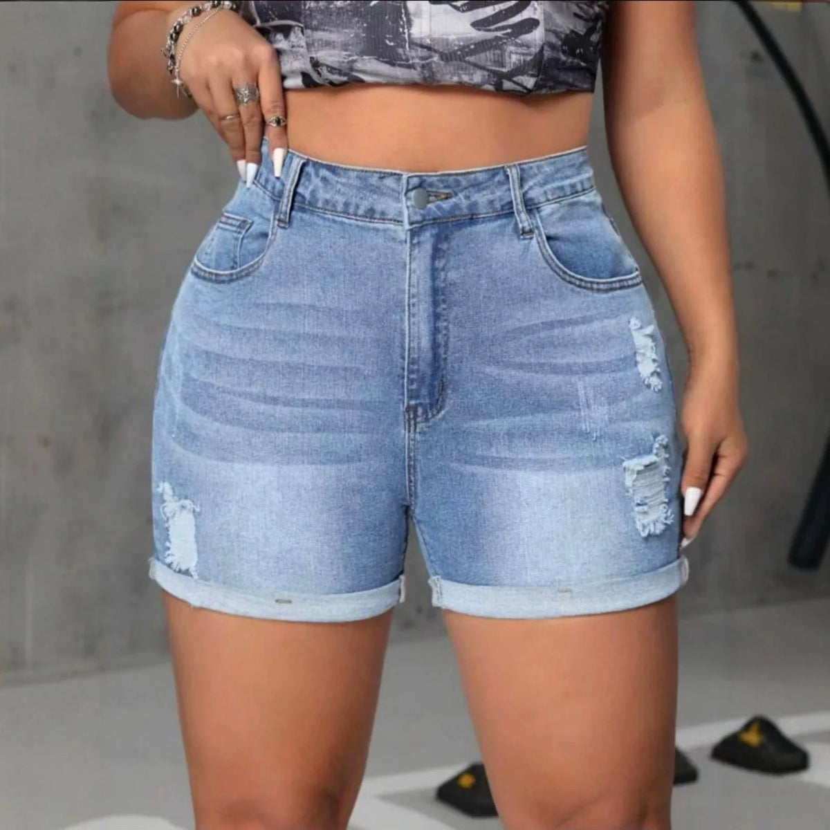 Women Short "Fashion Casual Ripped Denim Shorts Crimped Shorts Elastic High Waist Denim Shorts"