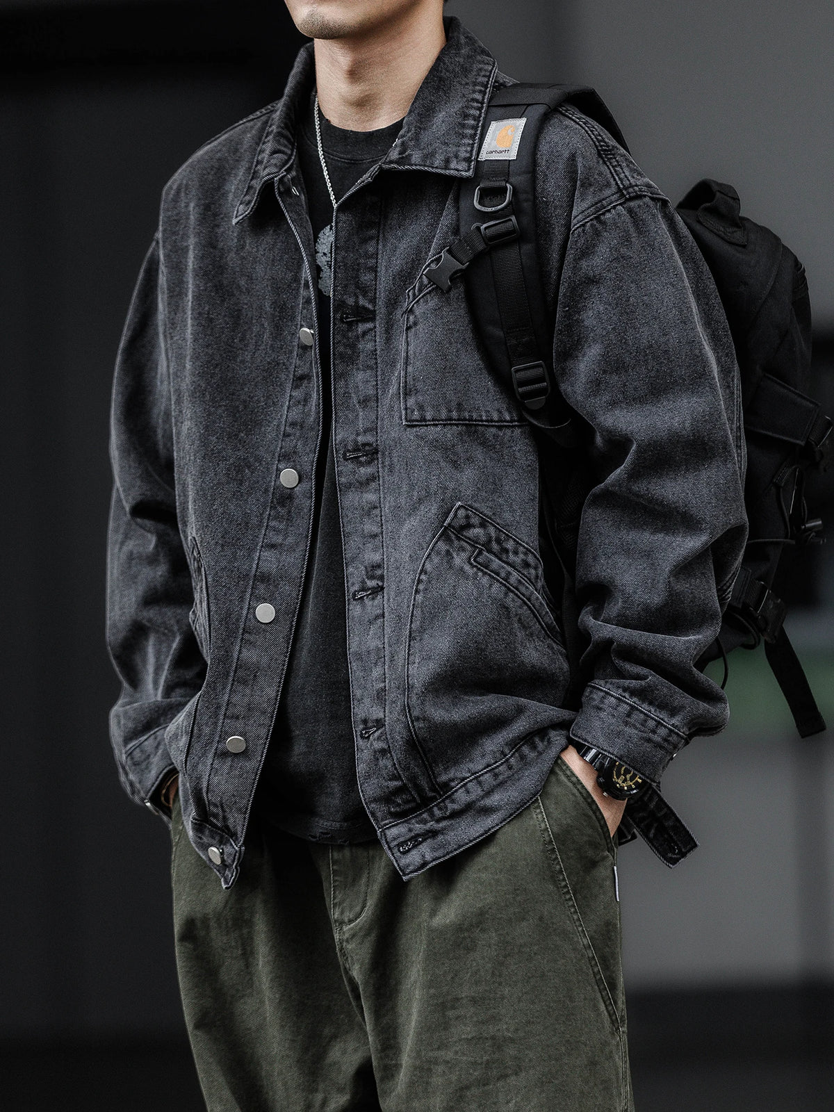 Men Denim Top"Vintage Heavyweight Denim Jacket Washed Distressed Style Lapel Collar Classic"