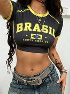 Women T-Shirt & Polo"Brazil Print Jersey Round Neck Short Sleeve Top T-shirt"