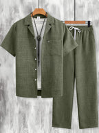 Men Matching Set "Minimalist Pocket Embroidery Set, Textured Short Sleeve Shirt & Pants"