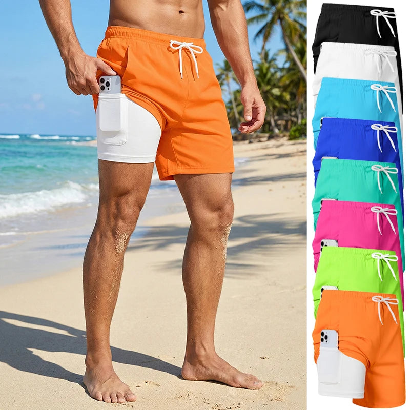 Mens Swim Trunks with Compression Liner Phone Pocket Summer Quick Dry Board Shorts