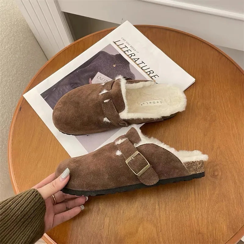 Comfortable Fur Classic Clogs for Women Winter New Fashion Cork Insole Plush Slipper with Arch Support Cozy Furry Suede Shoes