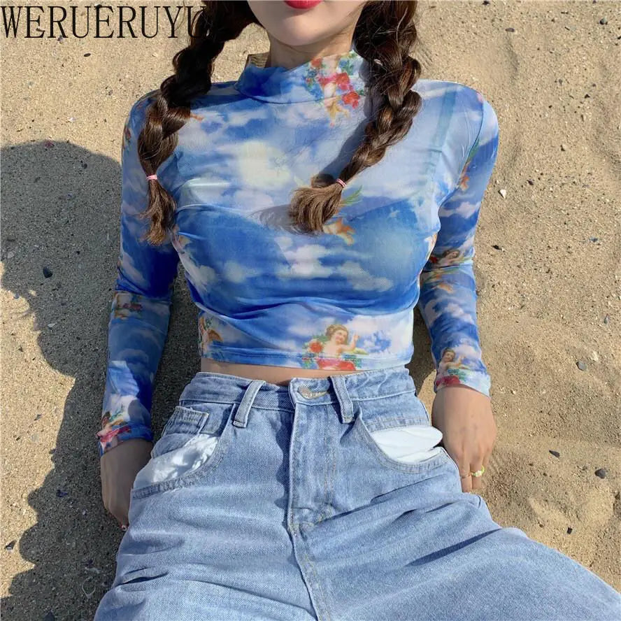 Black Mesh Angel Pattern T Shirt Sexy Crop Top Women Clothes Summer Long Sleeve Graphic Transparent Turtleneck Short Tshirts New