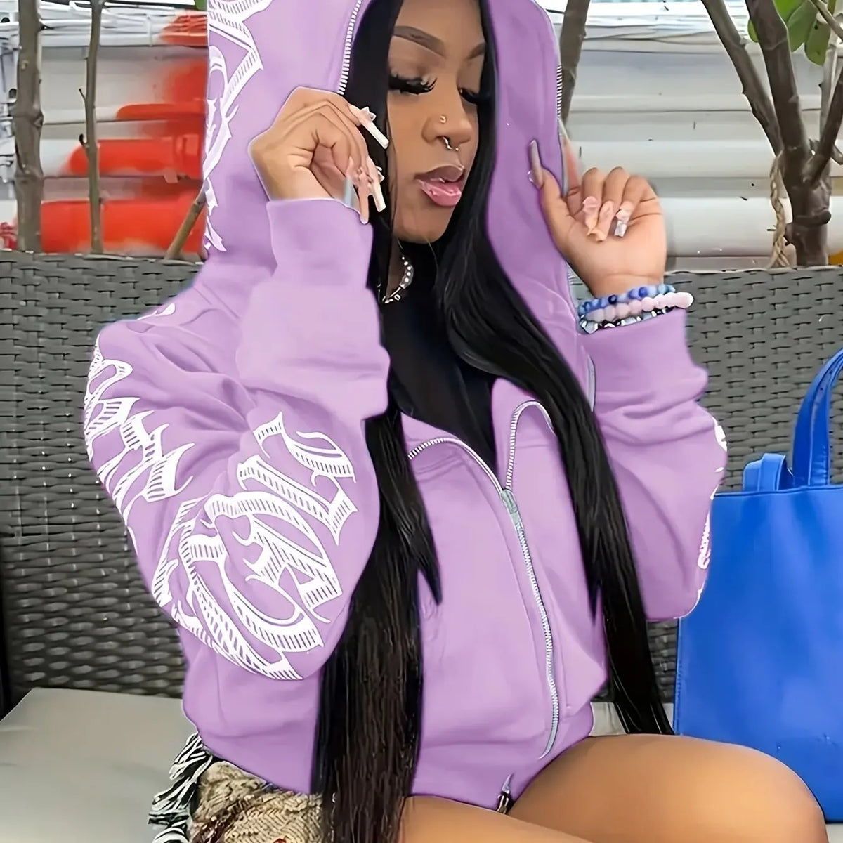 Women Sweaters & Hoodies "Letter Print Long Sleeve Zip Up Hoodies, Cyber Y2K Gothic Punk Sweatshirt"