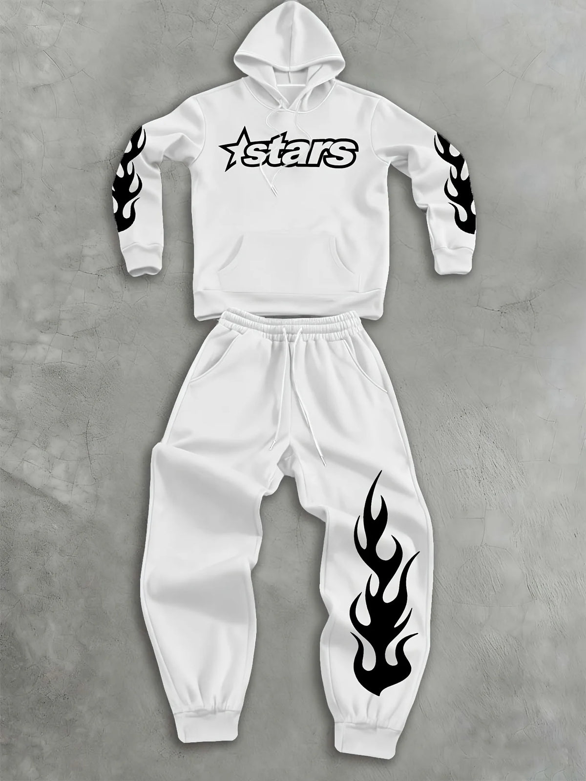 Men Matching Set "Baggy Tracksuit Star Flame Pattern Print Hoodie Pants Set Relaxed"