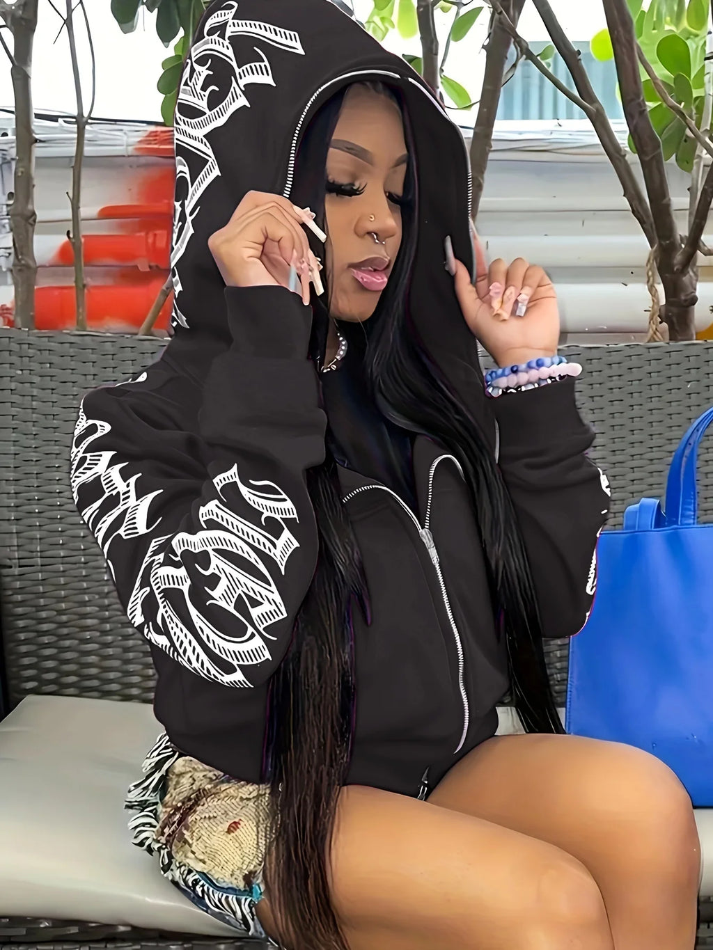 Women Sweaters & Hoodies "Letter Print Long Sleeve Zip Up Hoodies, Cyber Y2K Gothic Punk Sweatshirt"