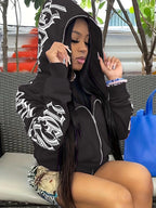 Women Sweaters & Hoodies "Letter Print Long Sleeve Zip Up Hoodies, Cyber Y2K Gothic Punk Sweatshirt"