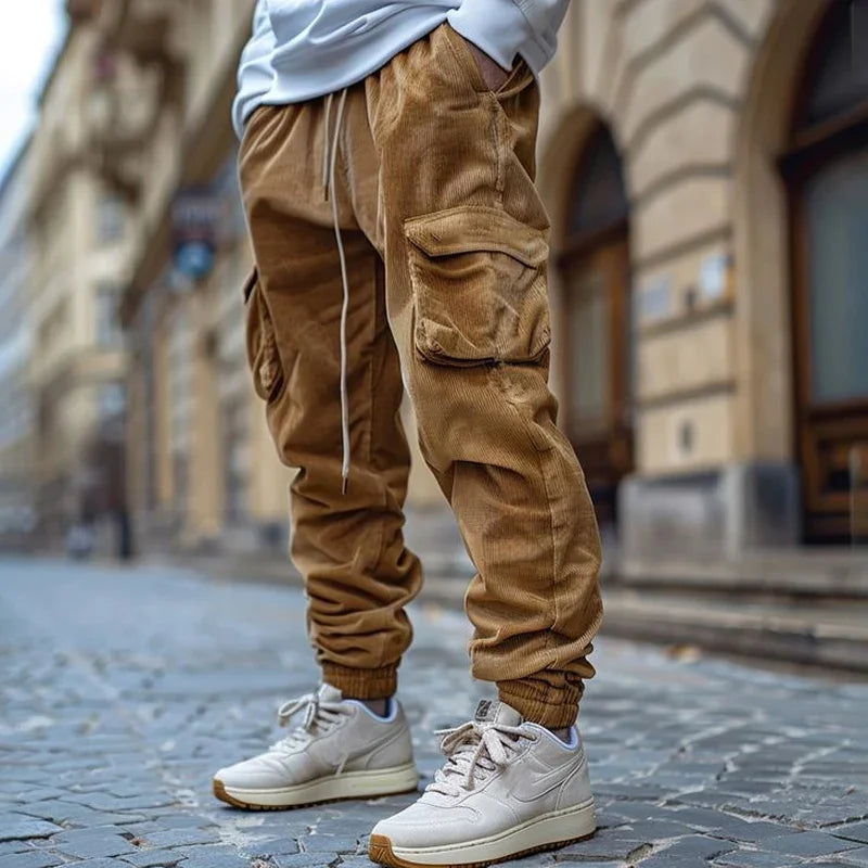 Men Cargo Pants "Vintage Solid Color Multi Pockets Corduroy"