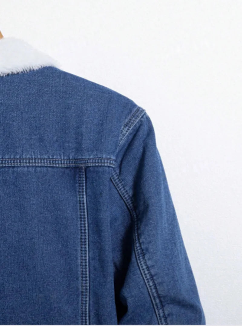 Men Denim Top"Blue Sherpa Fleece Lined Denim Jacket Lamb Fur Collar"