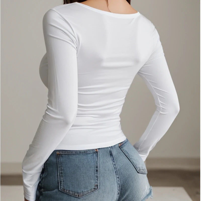Women T-Shirt & Polo ""Square-Cut Collar T-shirt Slim Long Sleeve Tops Sexy"