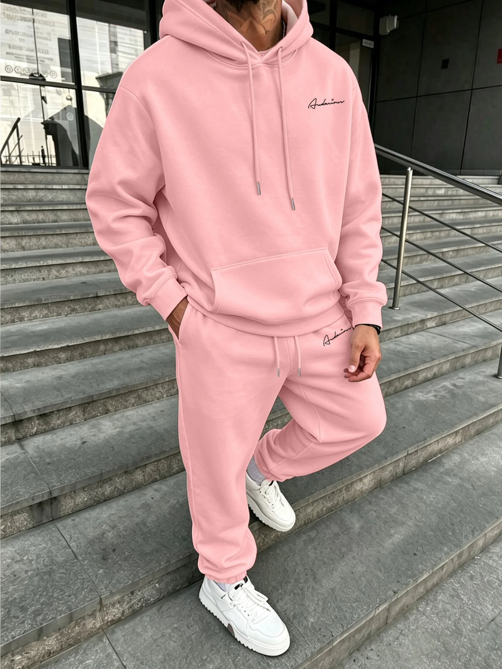 Men Matching Set "Premium Men's 2 Piece Hoodie Tracksuit, Exquisite Cursive Handwritten Signature"