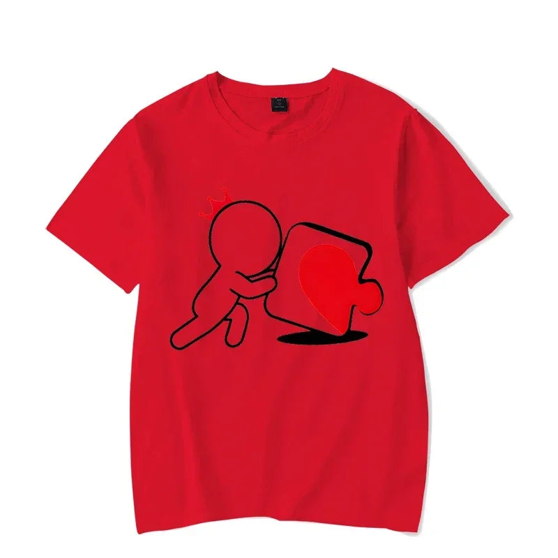 CartoongirlboyheartshapedpuzzleprintcoupleTshirt shortsleeved loose king queenTshirt fashionable trendcouplehirt women's T-shirt