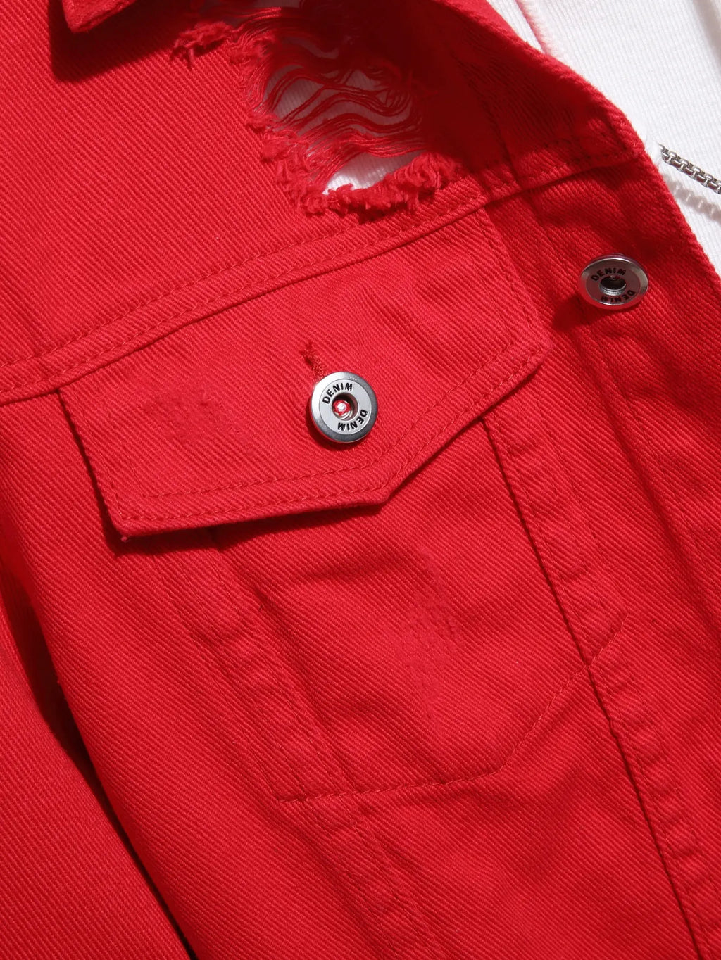 Men Denim Top"Red Large Ripped Frayed Denim Jacket"