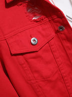Men Denim Top"Red Large Ripped Frayed Denim Jacket"