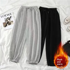 Women Casual Jogger Pants High Waist Elastic Cuff Sweatpants 2025 New American Style Loose Wide Leg Warm Fleece Lined Pants for