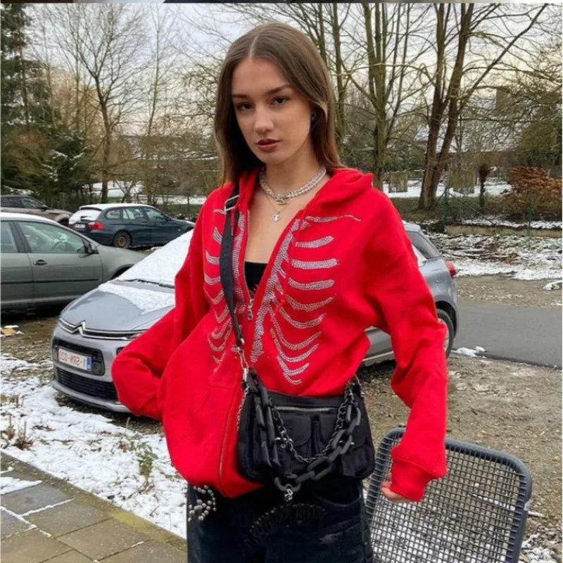 Women Sweaters & Hoodies "Y2K Rhinestone Skeleton Hoodies Women Gothic Black Zip Up"