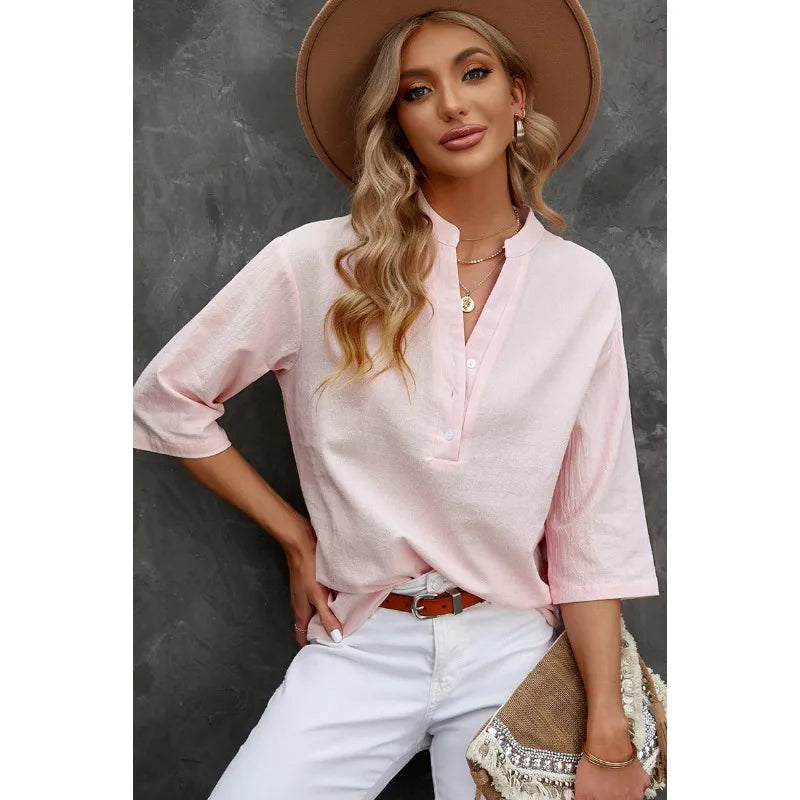 Women Blouse & Shirt "Casual Blouse Stand Collar Half Button Three Quarter"