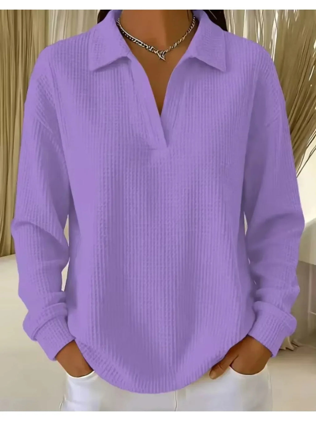 Women T-Shirt & Polo "Waffle Knit Polo Shirt Long Sleeve Stretch Solid Color Casual Ladies Blouse"