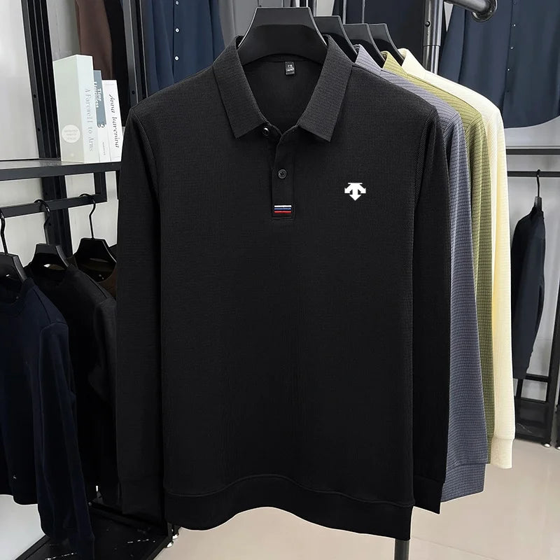 Men Polo Shirt "Luxury Quality Men's Printed Lapel Polo Shirt Wrinkle Resistant Solid Color Long Sleeve"