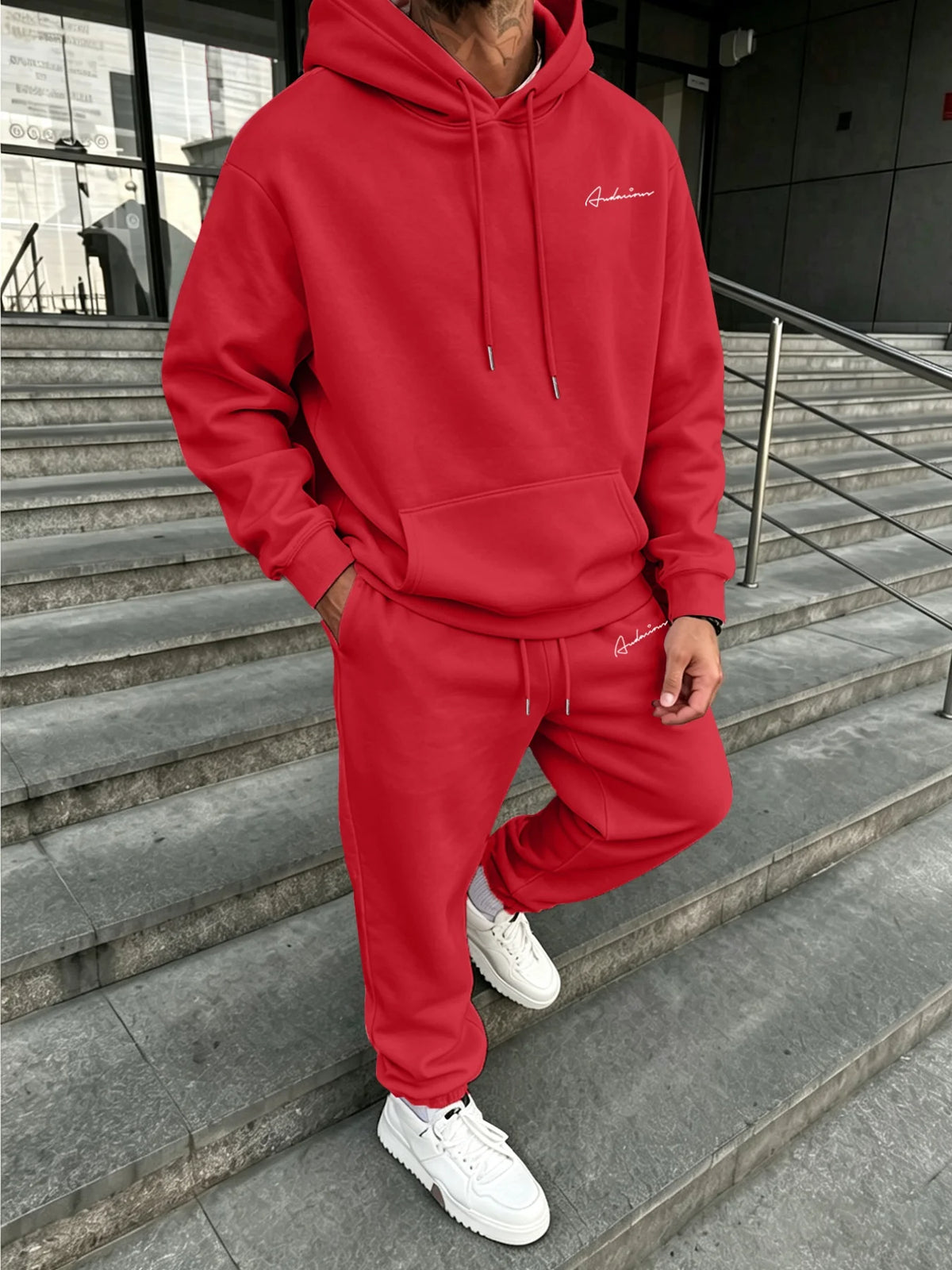 Men Matching Set "Premium Men's 2 Piece Hoodie Tracksuit, Exquisite Cursive Handwritten Signature"