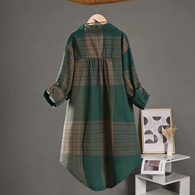 Women Blouze & Shirt "Checkered Shirt Woman Women's Buttoned Shirts Linen Blouses"