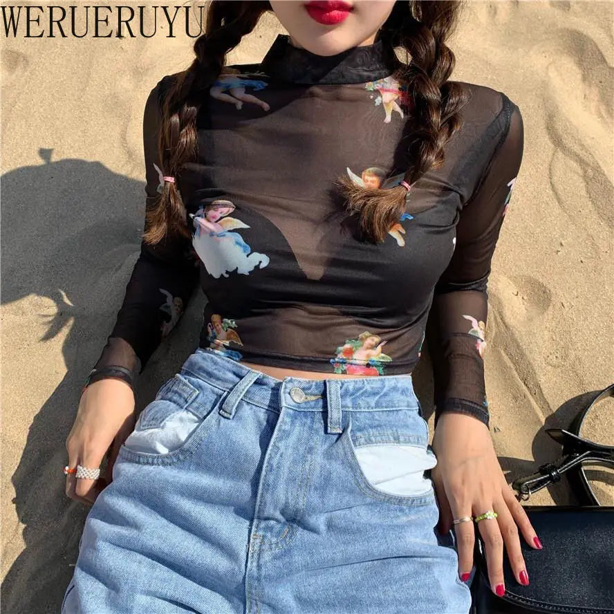 Black Mesh Angel Pattern T Shirt Sexy Crop Top Women Clothes Summer Long Sleeve Graphic Transparent Turtleneck Short Tshirts New
