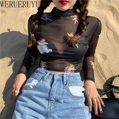 Black Mesh Angel Pattern T Shirt Sexy Crop Top Women Clothes Summer Long Sleeve Graphic Transparent Turtleneck Short Tshirts New