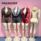 Women Jump Suit "FAGADOER Sexy Fur Patchwork Bodycon Jumpsuits  V-neck Long Sleeves Rompers"