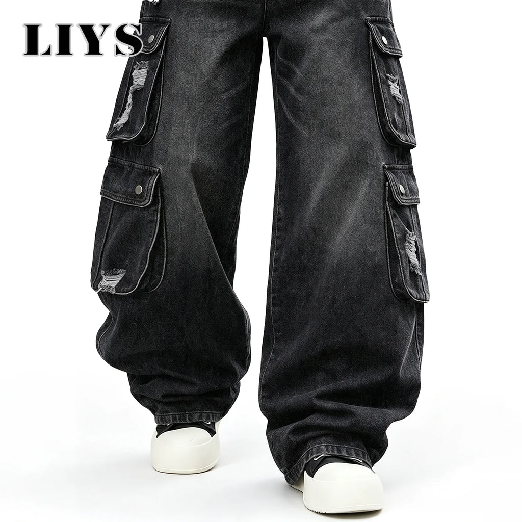 Men Cargo Pants "LIYS Men Retro Black Wash Multi Pocket Cargo Jeans Ripped Baggy"
