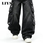 Men Cargo Pants "LIYS Men Retro Black Wash Multi Pocket Cargo Jeans Ripped Baggy"