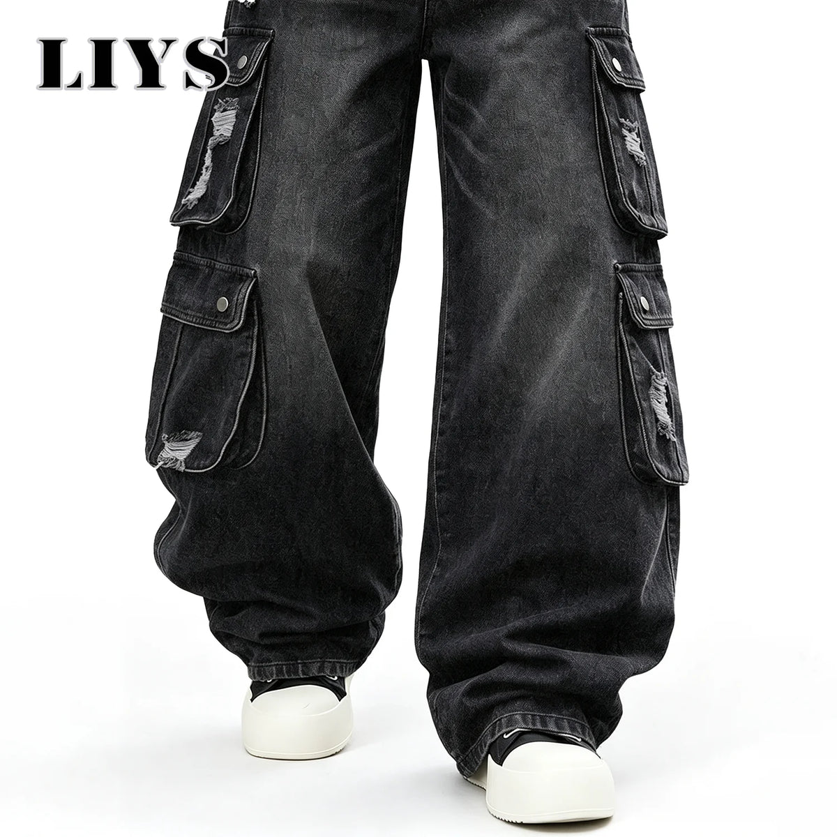 Men Cargo Pants "LIYS Men Retro Black Wash Multi Pocket Cargo Jeans Ripped Baggy"
