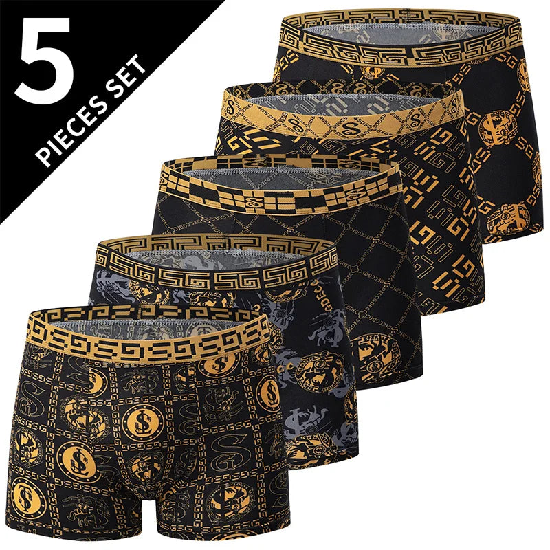 Men’s Classic Boxer Briefs – Gold Patterned Waistband / 5pcs