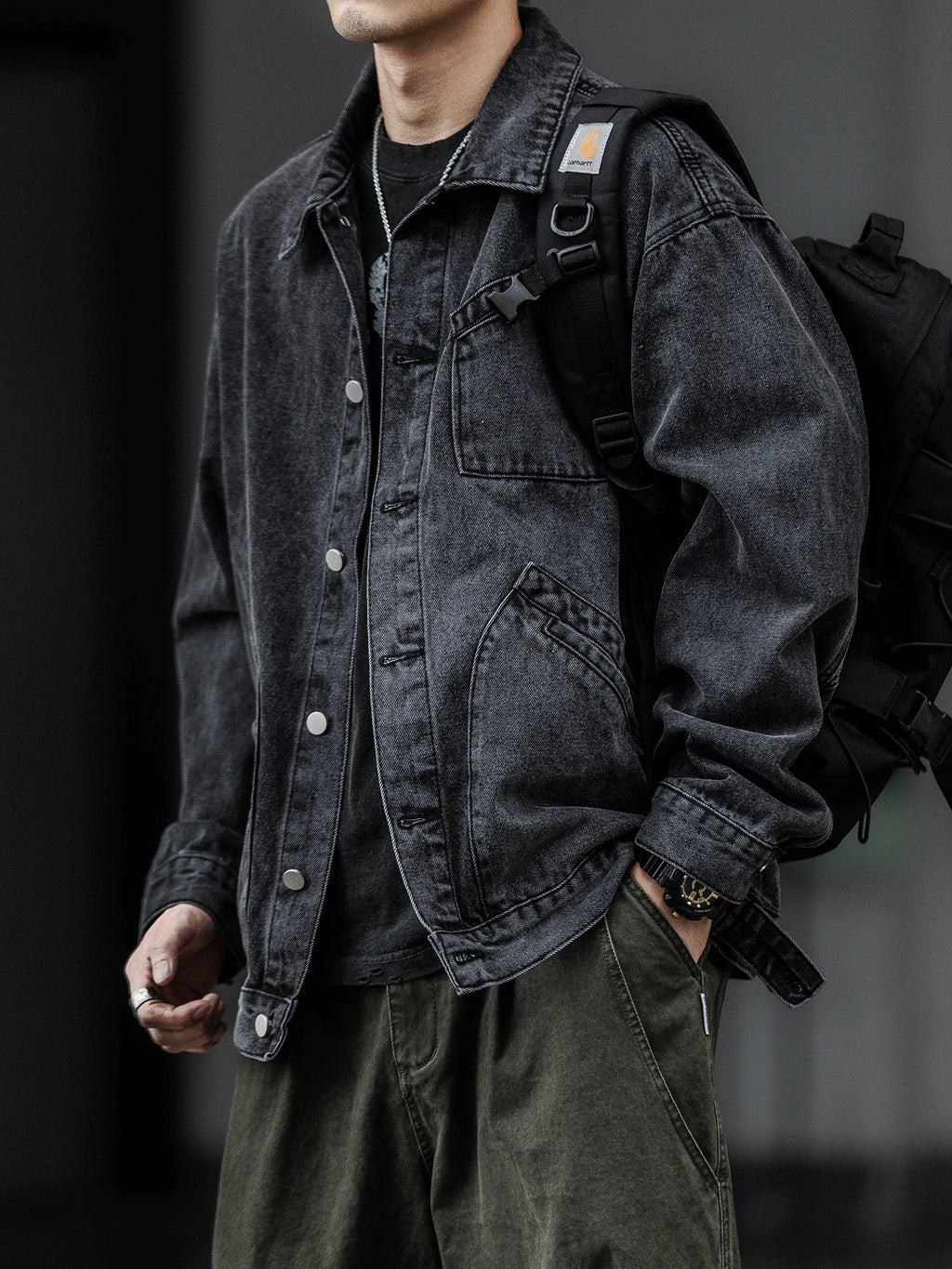 Men Denim Top"Vintage Heavyweight Denim Jacket Washed Distressed Style Lapel Collar Classic"