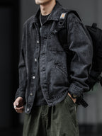 Men Denim Top"Vintage Heavyweight Denim Jacket Washed Distressed Style Lapel Collar Classic"