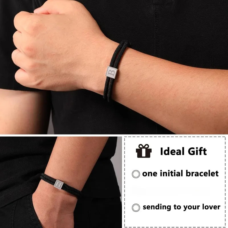 Men Jewelry & Accessory "Graduation Easter Basket Stuffer Gifts, Braided Rope Initial Bracelet for Men Boys, Stainless Steel A-Z Letter Charm Bracelets
