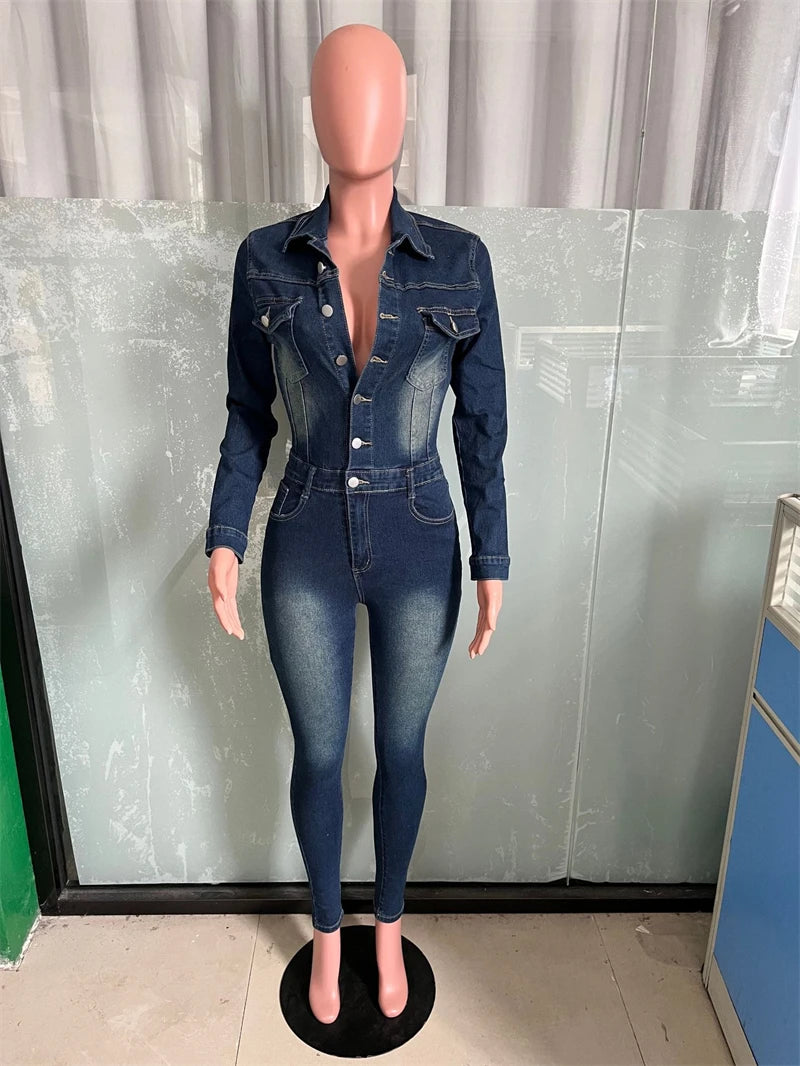 Women Jeans Jumpsuit "Streetwear Jean Jumpsuits Fall Clothes Women Full Sleeve Bodycon"