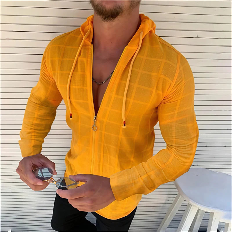 5 colors available for men's hooded zipper plaid polka dot long-sleeved shirt Slim fit breathable fashionable casual men's tops