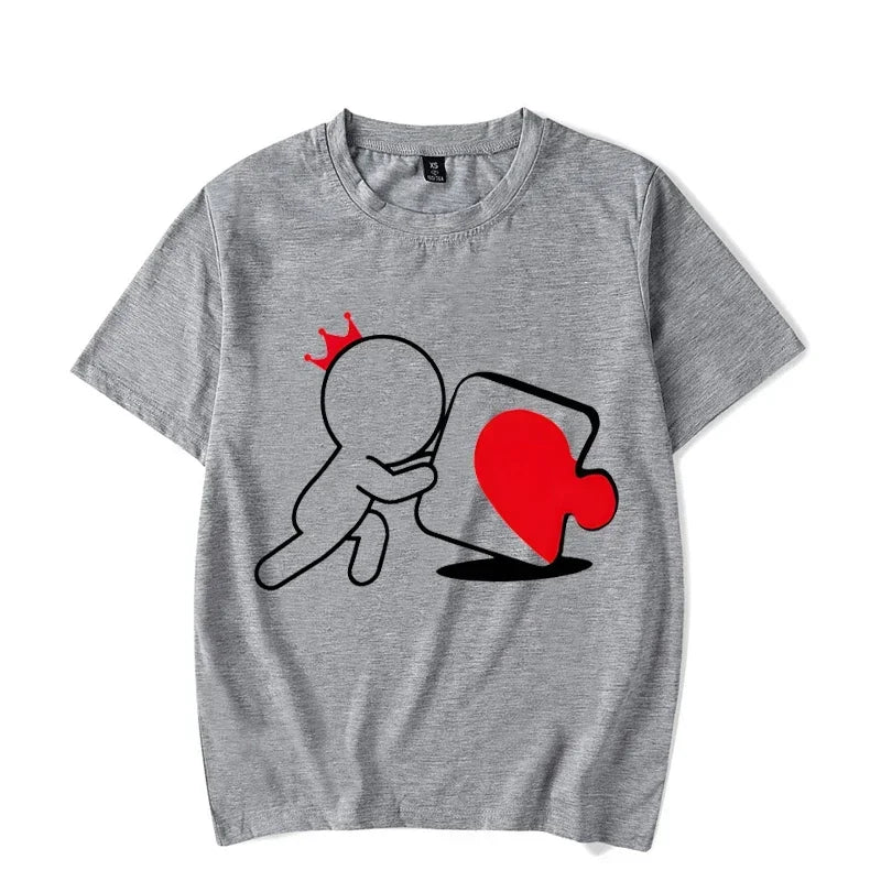 CartoongirlboyheartshapedpuzzleprintcoupleTshirt shortsleeved loose king queenTshirt fashionable trendcouplehirt women's T-shirt