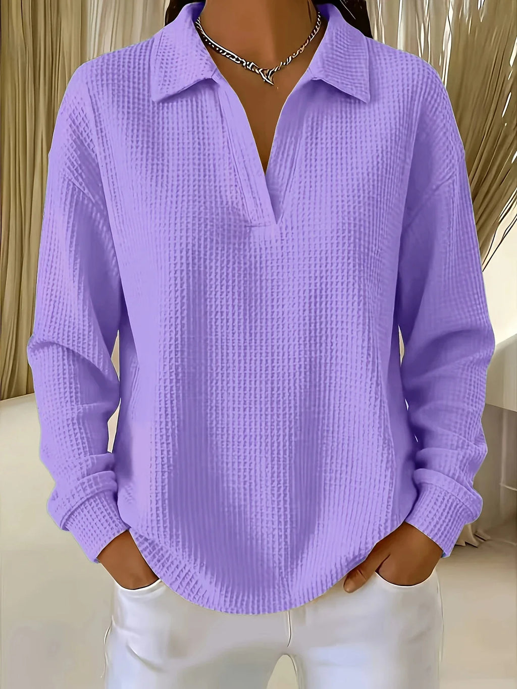 Women T-Shirt & Polo "Waffle Knit Polo Shirt Long Sleeve Stretch Solid Color Casual Ladies Blouse"