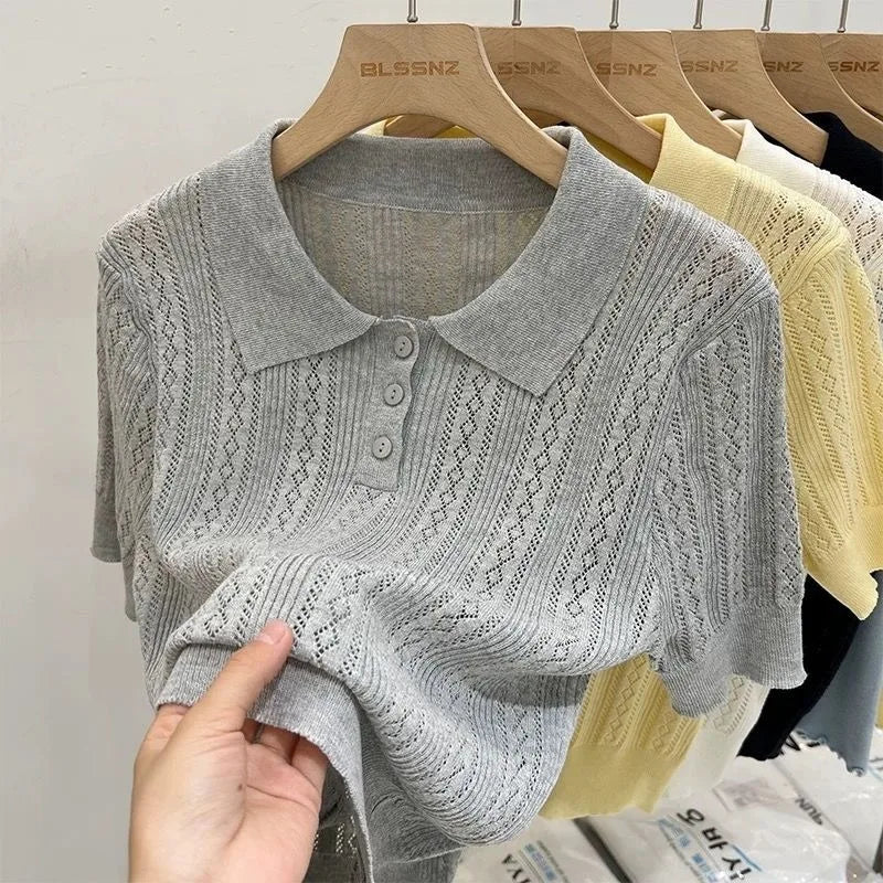 Women T-Shirt & Polo "Summer Women's Thin Knit Polo Shirt Hollow-Out Short Sleeve Top Knitted"