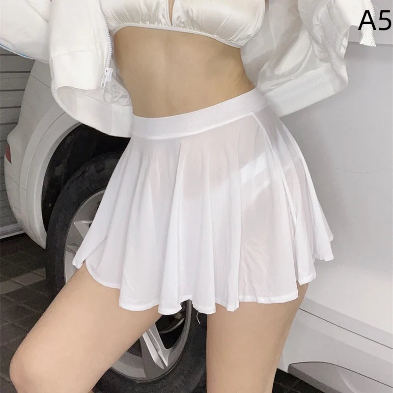 Women Skirt "Women Pleated Skirts Thin Mini Short See Through High Waist Christmas red Black"