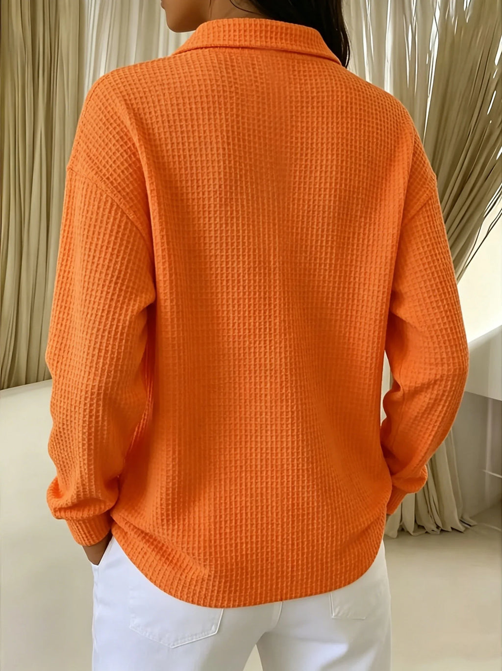 Women T-Shirt & Polo "Waffle Knit Polo Shirt Long Sleeve Stretch Solid Color Casual Ladies Blouse"